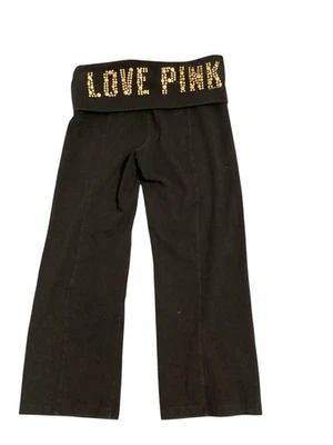 Y2K Victorias Secret PINK Black Yoga Pants Fold-over Waistband Low Rise Capri XS - Image 1 of 4
