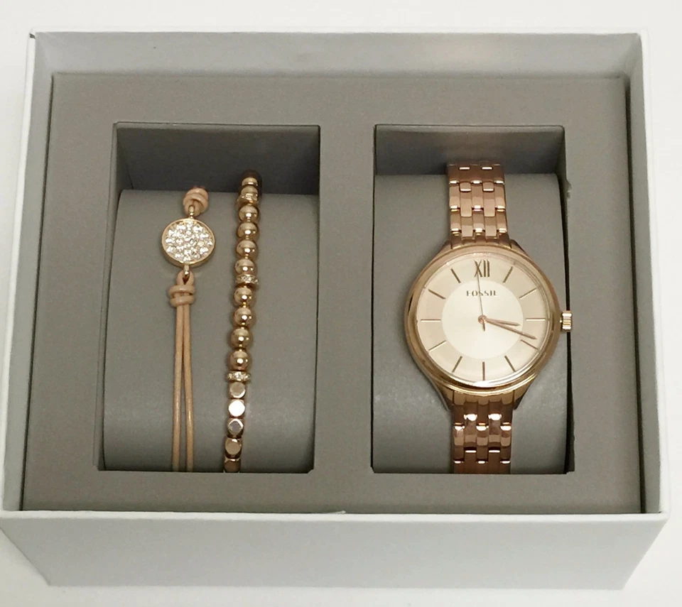 Fossil Set of 3 BQ3078SET Rose Gold Tone Fashion Watch & 2 Bracelets