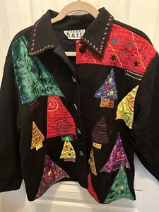 Maglione Brutto Natale Giacca Donna Tg Large Nero Patchwork Alberi Bellissimo - Foto 1 di 3