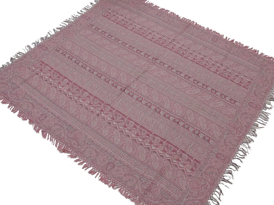 Pastel Pink Paisley Wool Table Overlay Woven Tablecloth Kashmir Topper 54"x60" - Image 1 of 4