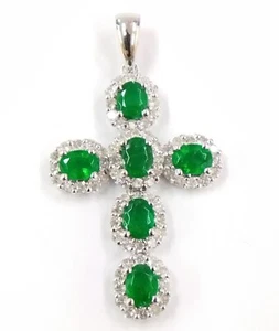 14K White Gold Natural Green Emerald & Diamond Cross Pendant FZZ - Picture 1 of 4