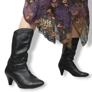 Vintage Black Leather boots Ladies Sz 8 80s Mid Calf Cowboy Biker RMK Giuliana - Foto 1 di 9