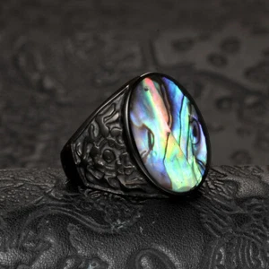 Natural Abalone Shell Inlay Ring Stainless Steel Vintage Cool Biker Black Ring - Picture 1 of 5