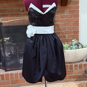 VTG Julie Duroche Sz 4 Black & White Satin Dress Metallic Sequins Bow Strapless - Picture 1 of 8
