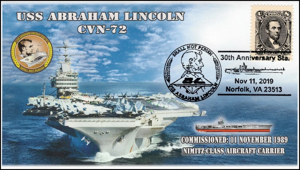19-349, 2019, USS Abraham Lincoln, Pictorial Postmark, Event, CVN-72, Norfolk VA - Image 1 of 1