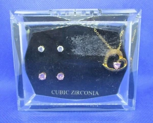 HEART CZ PENDANT Necklace 2 Pair Of Earrings Set In Acrylic Gift Box Original St - Picture 1 of 8