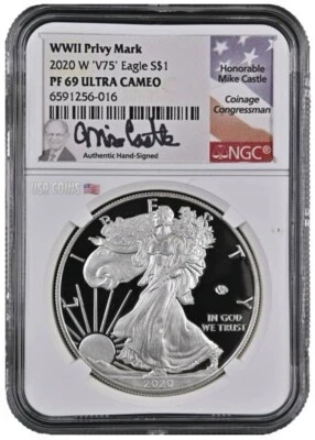 2020-W 1 Oz Silver $1 75TH ANNIV END OF WORLD WAR II EAGLE NGC PF69UCAM V75 Coin - Image 1 of 4