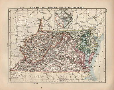 1897 MAPA VICTORIANO ESTADOS UNIDOS VIRGINIA MARYLAND DELAWARE DISTRITO DE COLUMBIA Foto 1 de 2