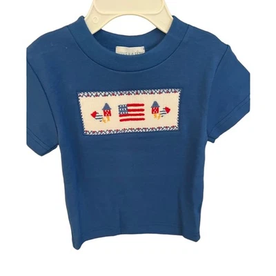 Vive la fete July 4th Smocked Blue Knit Short Sleeve Tee Shirt 12 months NWOT - Image 1 of 3