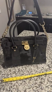 Michael Kors Hamilton Mixed Media Embossed Leather East West Satchel Black - Picture 1 of 11