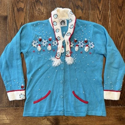 Suéter Vintage Libro de Cuentos Tejidos Navidad Botón Mujer’s Mediano Muñeco de Nieve Invierno Foto 1 de 4