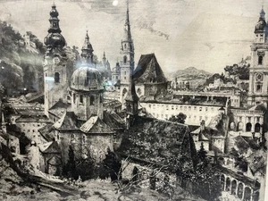 Hermann Bergmeister: Große Radierung „Blick auf Salzburg“, signiert gerahmt - Bild 1 von 4