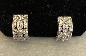 14K White Gold Diamond Hoop Earrings Shamrock 4 Leaf Clover Filigree Huggie Snap - Picture 1 of 12