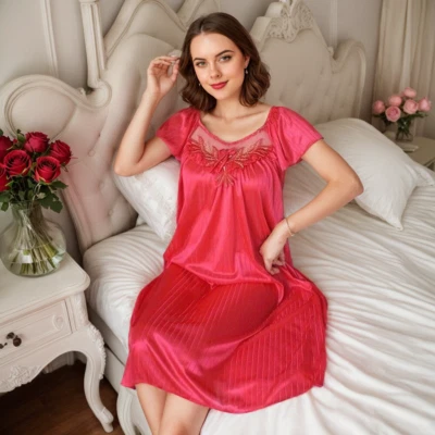 Silk Satin Women Sexy Sleepwear Short Sleeve Nightgown Robes Night Dress Nightie - Image 1 of 4