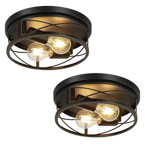 Farmhouse Lights,Black Industrial 2 Pack Round Metal Flush Mount Hallway & Be... - Picture 1 of 7