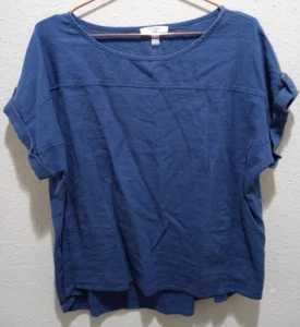 Womens Cable & Gauge Blue Linen Blend Top Cap Short Sleeve w Button Breathable L - Picture 1 of 7