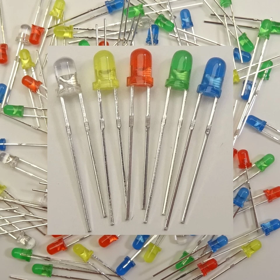 100 Stück 3mm LED Sortiment Weiß Gelb Rot Grün Blau je 20 Stück Sonderangebot - Bild 1 von 1