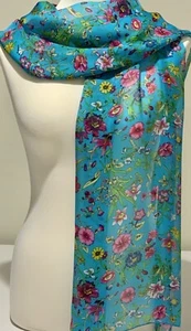 100% Mulberry Silk Chiffon Scarf ~ Dark Pink Flowers Turquoise Blue ~ 60x190cm - Bild 1 von 8