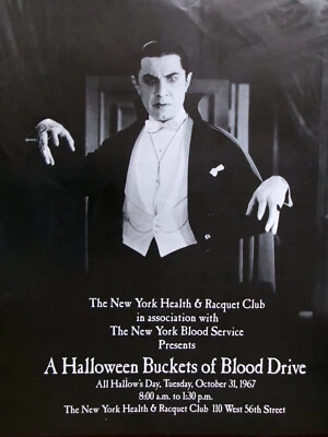 Póster de donación de sangre Bela Lugosi DRÁCULA de colección Halloween 1967 NY salud y raqueta Foto 1 de 4