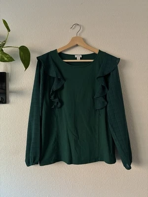 Top de mujer J Crew verde a cuadros manga larga con volantes algodón poliéster talla pequeña Foto 1 de 4