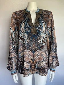 HALE BOB Blouse XL Silk Blend Brown & Blue Paisley Print Bronze Beaded Neckline - Picture 1 of 8