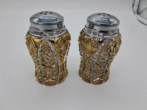 Vintage Imperial Glass Star Pattern S&P Shakers, Crystal Clear & Gold - Picture 1 of 6