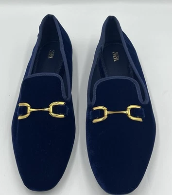 Zara Loafers Shoes Women’s 41 Blue Flat Casual Gold Buckle Slip On Velvet Type - Image 1 of 4