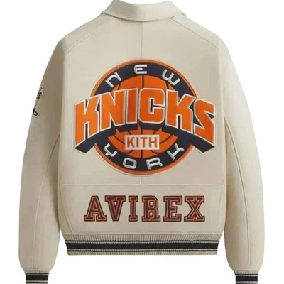 Hombres Avirex X Kith York Cuero Real Bomber Chaqueta Universitaria Nueva York Abrigo Crema Foto 1 de 4