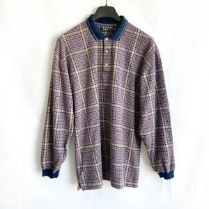 Vtg 90s Trader Bay Polo Shirt Men sz L Blue Red Yellow Plaid Brushed Cotton - Picture 1 of 9