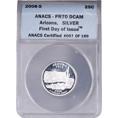 2008-S Silver Arizona State Quarter - Proof ~ ANACS PR70 DCAM - FDOI - Image 1 of 2