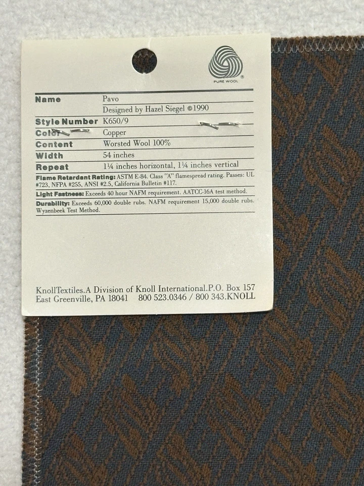 Knoll Textiles Pavo Copper Worsted Wool Vintage Fabric Sample Remnant Siegel - Image 1 of 3