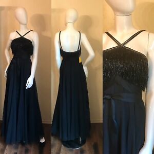 1960’s NWT Vera Hicks Black Beaded Fringe Chiffon Evening Gown Formal Dress S 