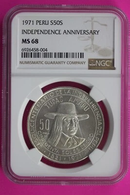 Top Pop None Finer 1971 MS 68 Peru Independence 50S Silver Coin NGC Graded 537 - Image 1 of 3