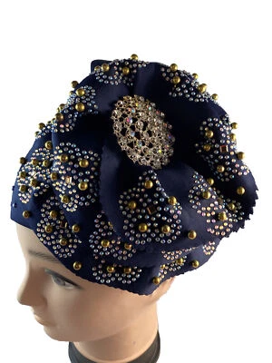 Sombrero turbante elástico ornamentado de spandex africano para mujer pieza para la cabeza de dama ~ azul marino Foto 1 de 4