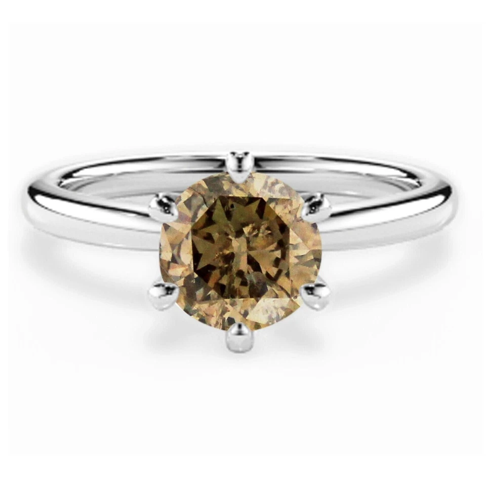 Anillo solitario de diamantes marrones 100 % naturales de forma redonda de 1,02 quilates en oro blanco de 14 quilates Foto 1 de 4