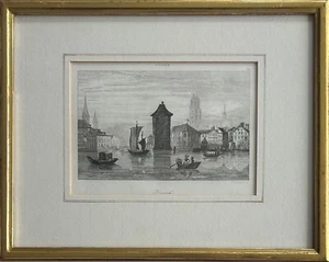 Emile Rouargue - incisione originale in acciaio incorniciato "Zurigo" ca 1840 con certificato di autenticità - Foto 1 di 8