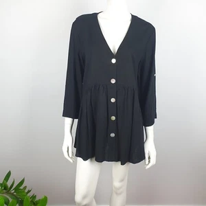 Dotti Size 10 Smock Tunic Top Blouse Black Linen Blend V Neck Long Sleeve Women - Bild 1 von 11