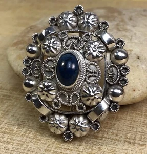 Broche vintage argent massif 0,800 pierre précieuse aventurine bleue bijou fin - Photo 1 sur 7