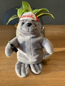 COCA COLA 1997 Collectible Bean Bag Plush Gray Seal with Tag Holding Bottle - Picture 1 of 5