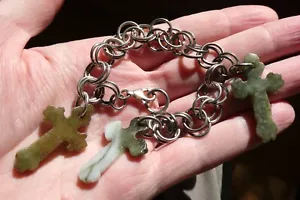 Sterling Silver Irish Connemara Marble Triple Cross Charm Bracelet 925 7.75 Inch - Picture 1 of 15