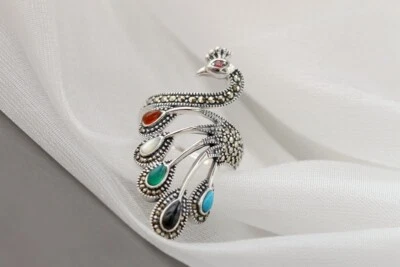 D10 Anello Pfau Con Agata Turchese Calcedonio Marcasite 925 Argento Sterling - Immagine 1 di 4
