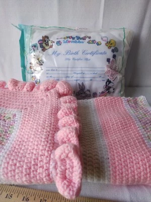 Vintage Hand Crocheted Baby Blanket / Afghan And 1993 Looney Tunes Pillow. - Image 1 of 4