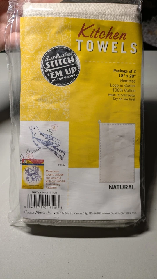 Aunt Martha's Stitch EM up Hemmed Kitchen Towels 18 X 28 Inch Natural