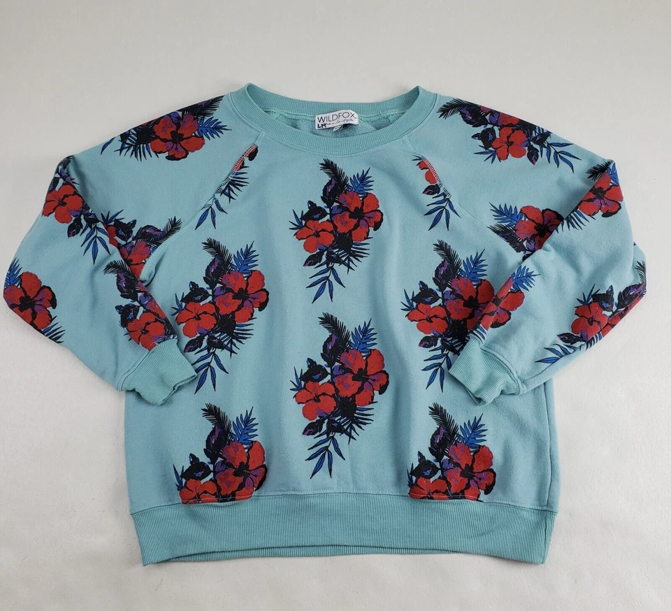Wildfox Hibiscus Dreams Floral Sweatshirt Womens XS Turquoise Tropical Pullover - Image 1 of 4