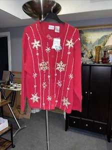 Vintage Bobbie Brooks Christmas Sweater Button Cardigan Beaded Embroidered XL - Picture 1 of 6