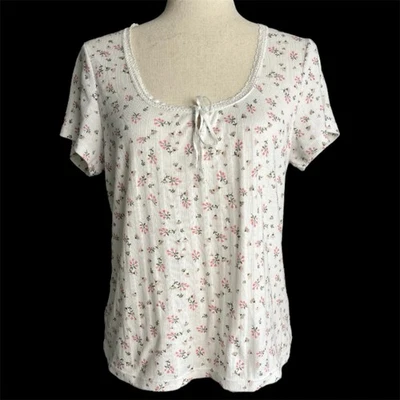 Old Navy Pointelle Knit Coquette Floral Top Size L Dainty Y2K Lace Bow Romantic - Image 1 of 4