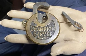 Vintage ca.1910’s Brass CHAMPION 6-Lever Padlock Lock w/ Original Push KEY WORKS - Picture 1 of 5