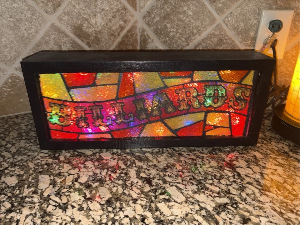 Lighted Billiards Box Framed Sign Foil Stained Faux Glass Art 1970s 17"x7"x3.75 - Image 1 of 3