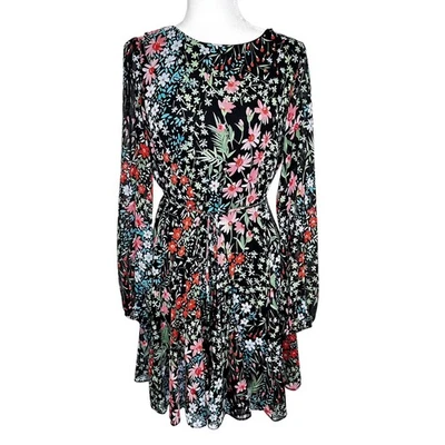 Vestido Tommy Hilfiger Negro Brillante Estampado Floral Midi Mangas Largas Globo Talla 12 Foto 1 de 4