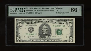 DBR 1995 $5 Atlanta Gem Fr. 1985-F PMG 66 EPQ Serial F55249463F - Picture 1 of 2